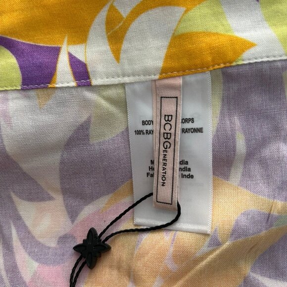 BCBGeneration Give it a Swirl Printed V-Neck Elastic Waist Romper Yellow/Purple - Picture 4 of 6